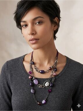 Multi-Strand Purple Bead & Chain Necklace